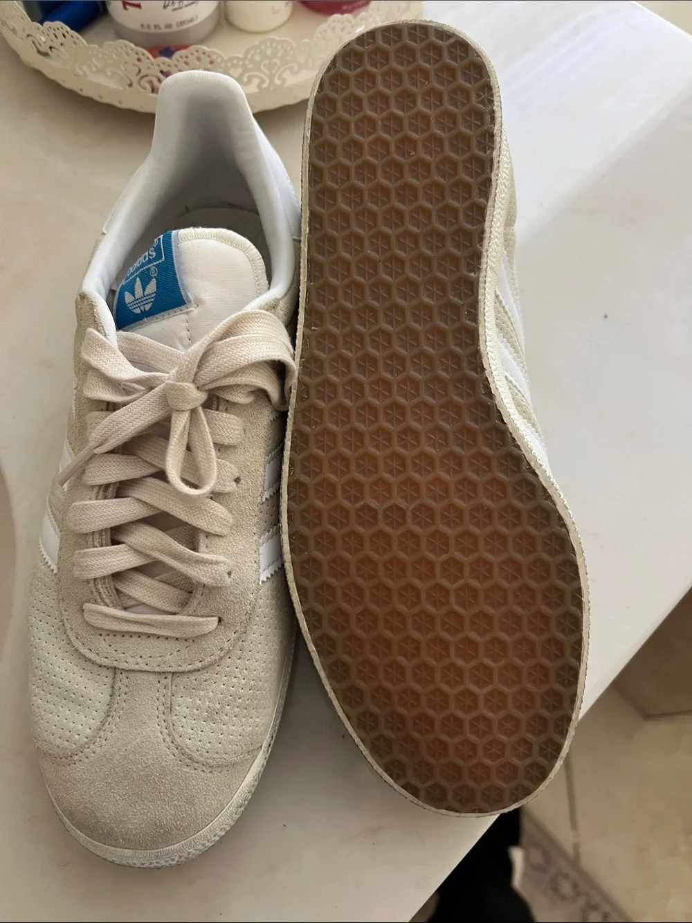 adidas Gazelle Suede Sneakers in Beige and White